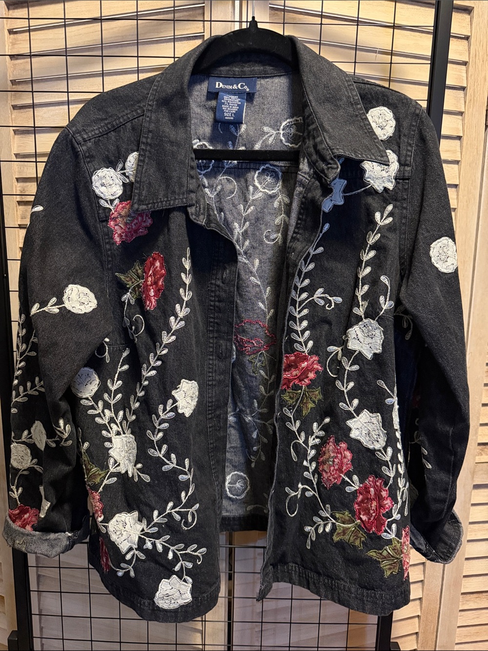 Denim&Co Black Denim Jacket with Red & White Floral Embroidery